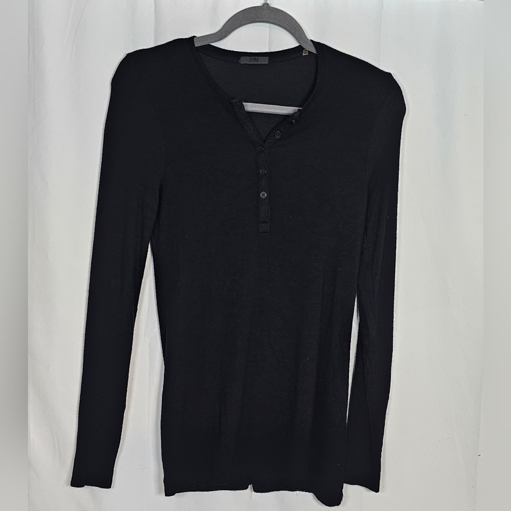 ATM Anthony Thomas Melillo Black,Ribbed Micromodal Henley Sweater. Women's M EUC